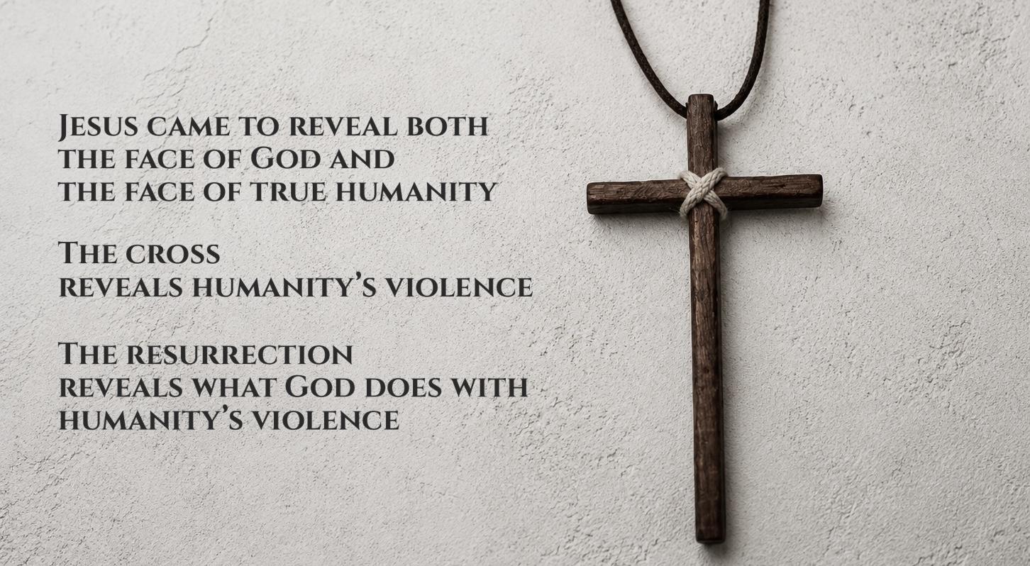 A wooden cross beside a theological statement about Jesus, the cross, and resurrection