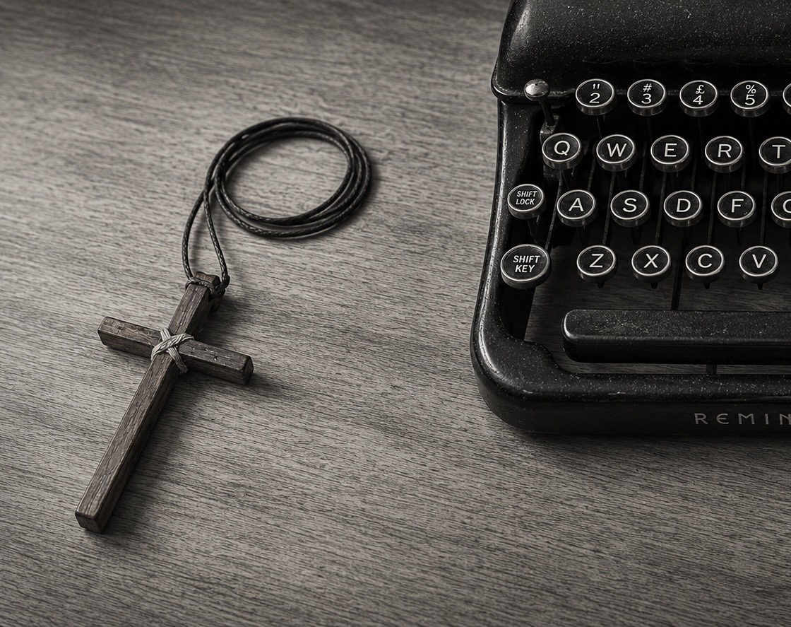Remington typewriter and handmade wooden cross belonging to Mark Richard Robinson